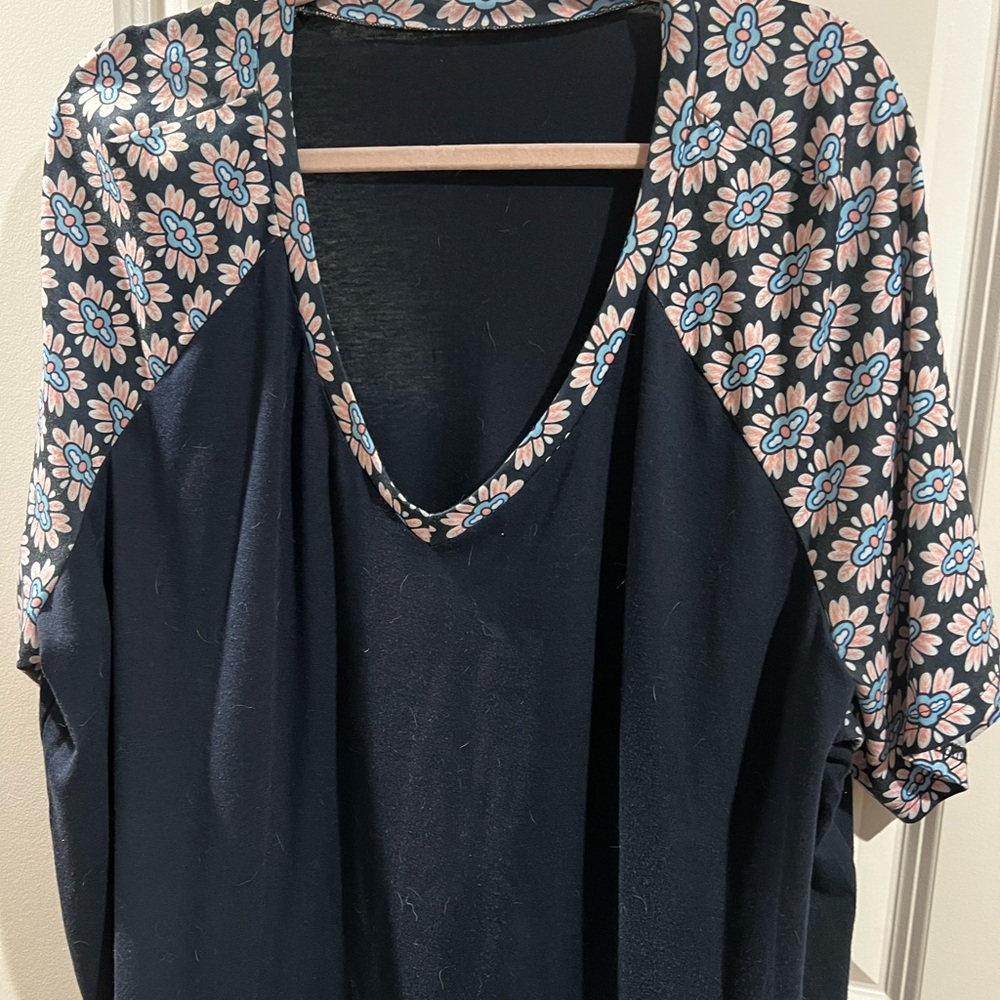 Navy V-Neck Raglan Top with Floral Sleeves